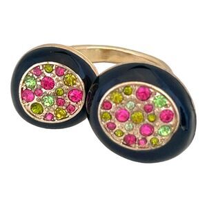 New Statement Ring Size 6.5 Gold Tone Black Enamel Pink Green Crystals - 5X